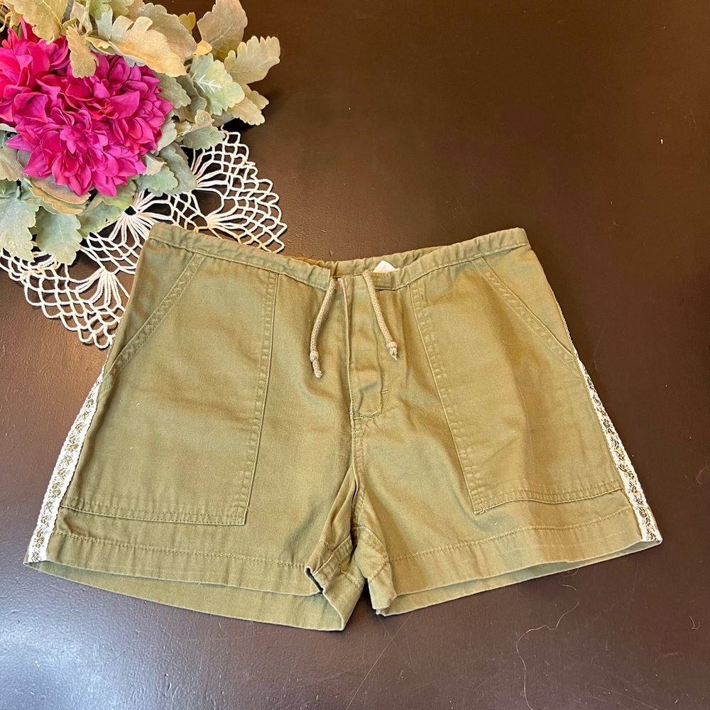 Island‎ Soul Y2K 2000s Olive Army Green Tropical Flower Drawstring Shorts Sz 7